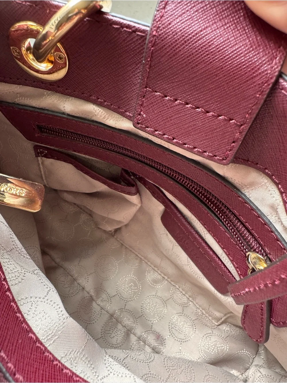 Michael Kors Wine Saffiano Leather Satchel with Gold Hardware